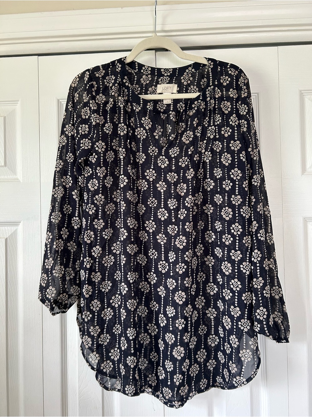 Navy Blue Geometric Diamond Boho Medallion Chiffon Tunic Blouse Size S